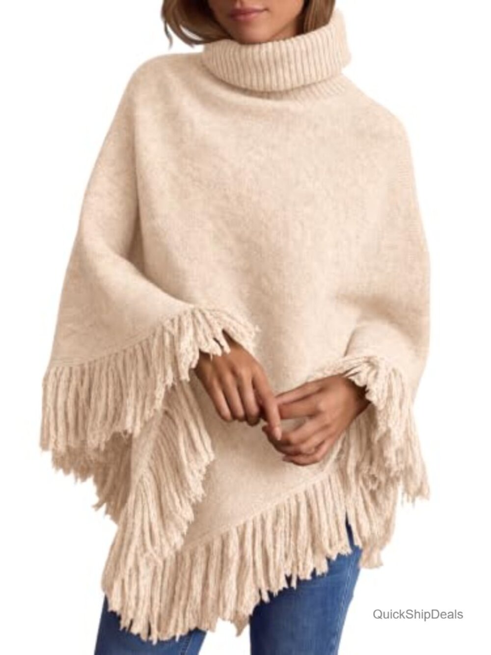 Fringe Turtleneck Poncho Sweater Wrap Cape Shawl Knit Top Boho Layer